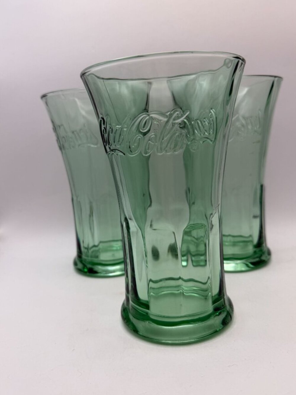 Three Libbey Coca-Cola Glasses Green Flared Top Optic Panel Heavy VTG 16 oz